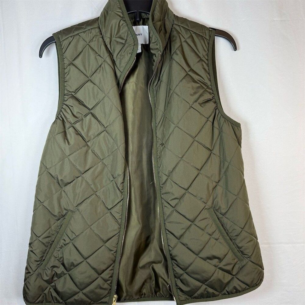 Old Navy Vest Womens Size M Olive Green Quilted Puffer Full Zip Pockets